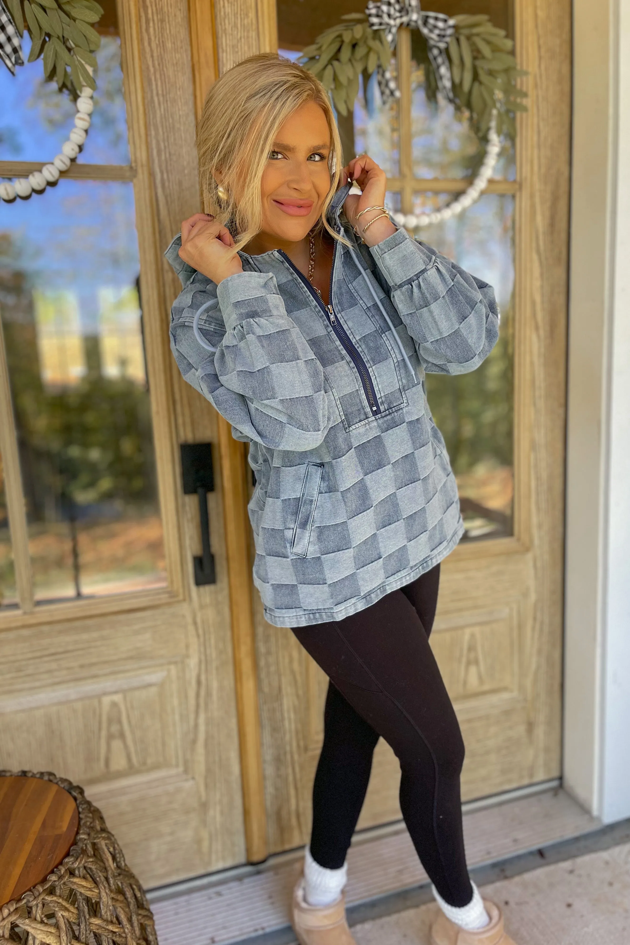 Belinda Washed Checker Denim Half Zip Hoodie Top