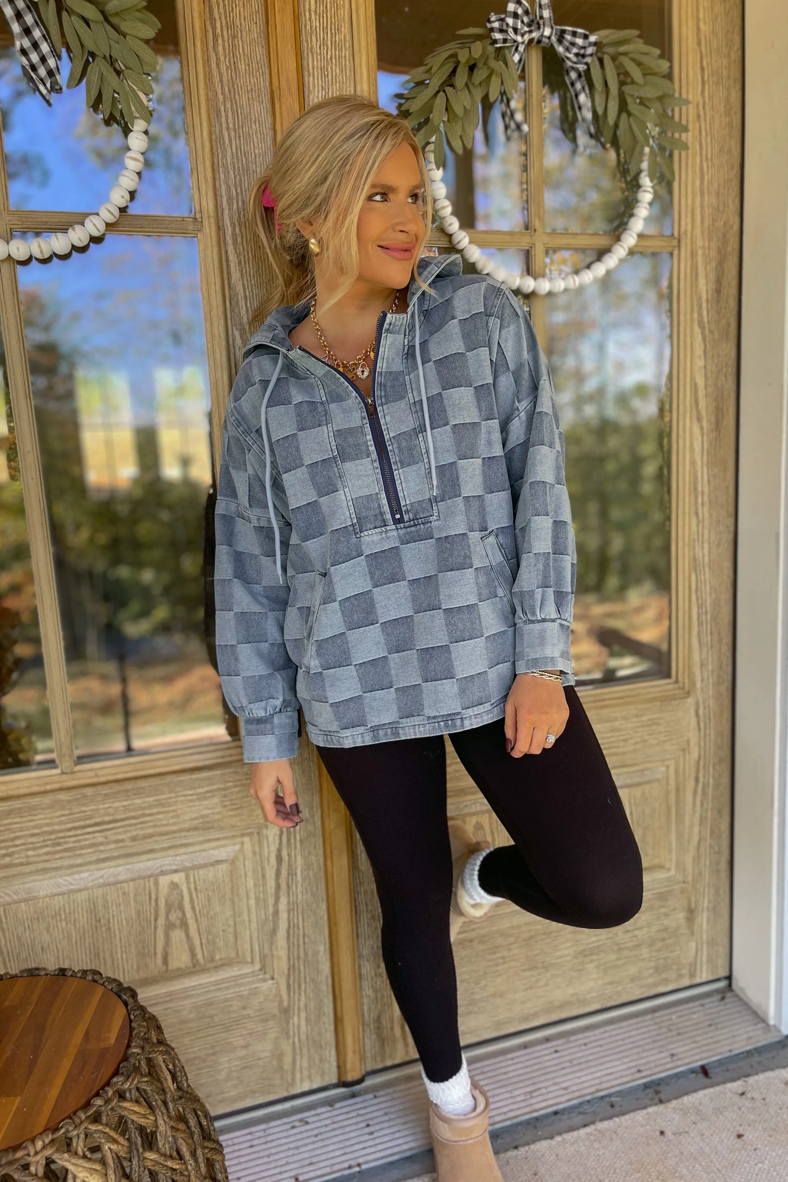 Belinda Washed Checker Denim Half Zip Hoodie Top