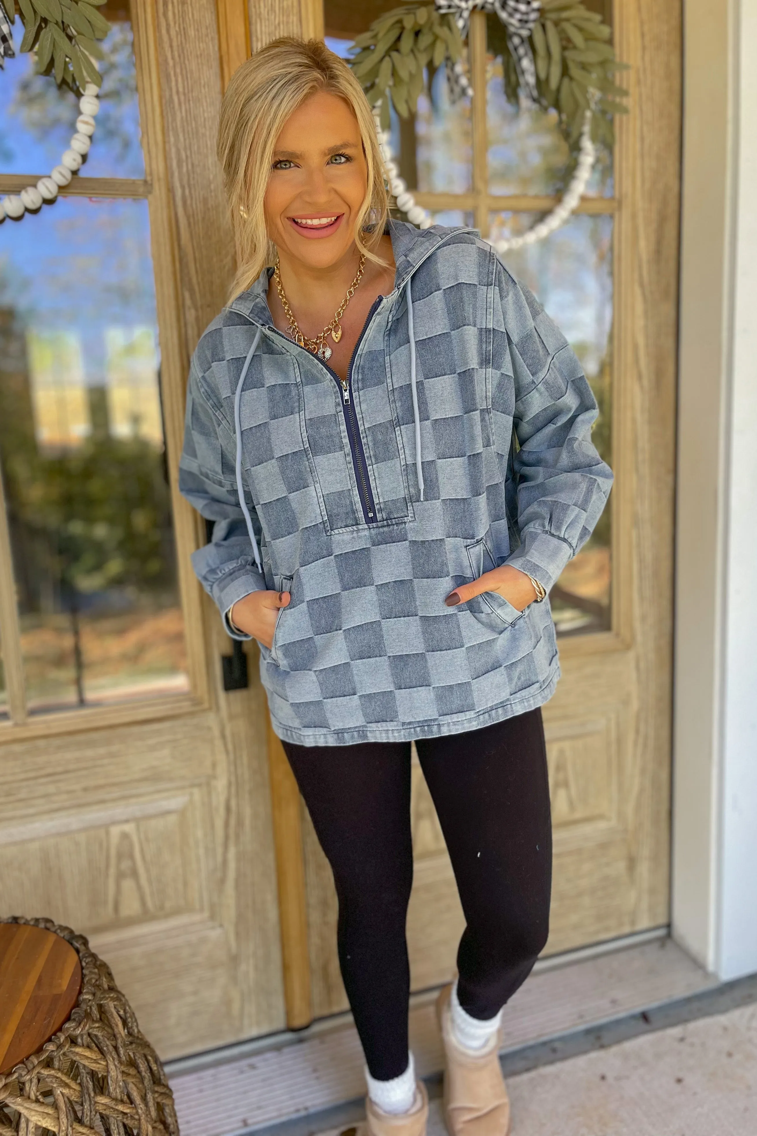 Belinda Washed Checker Denim Half Zip Hoodie Top