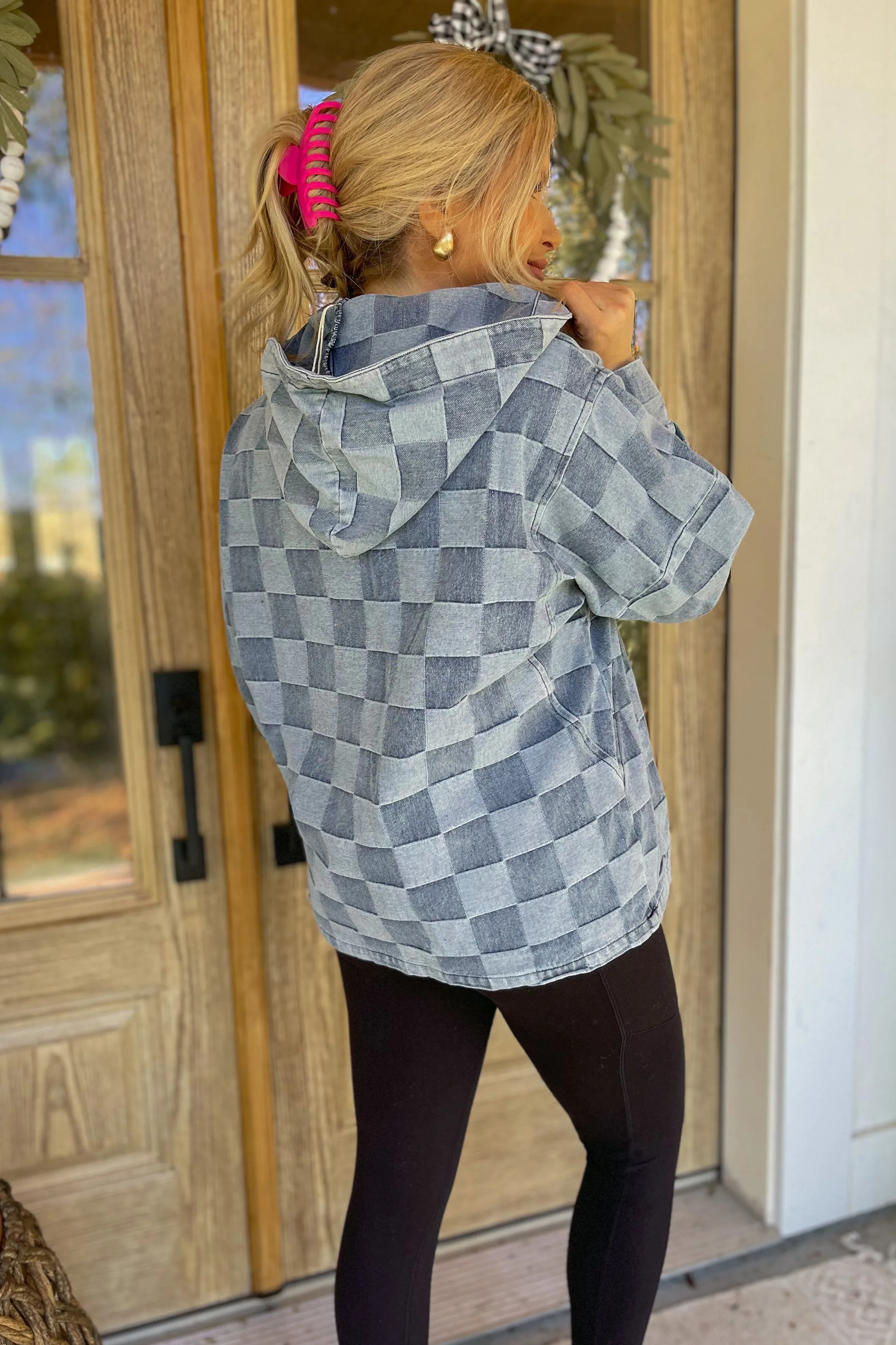 Belinda Washed Checker Denim Half Zip Hoodie Top