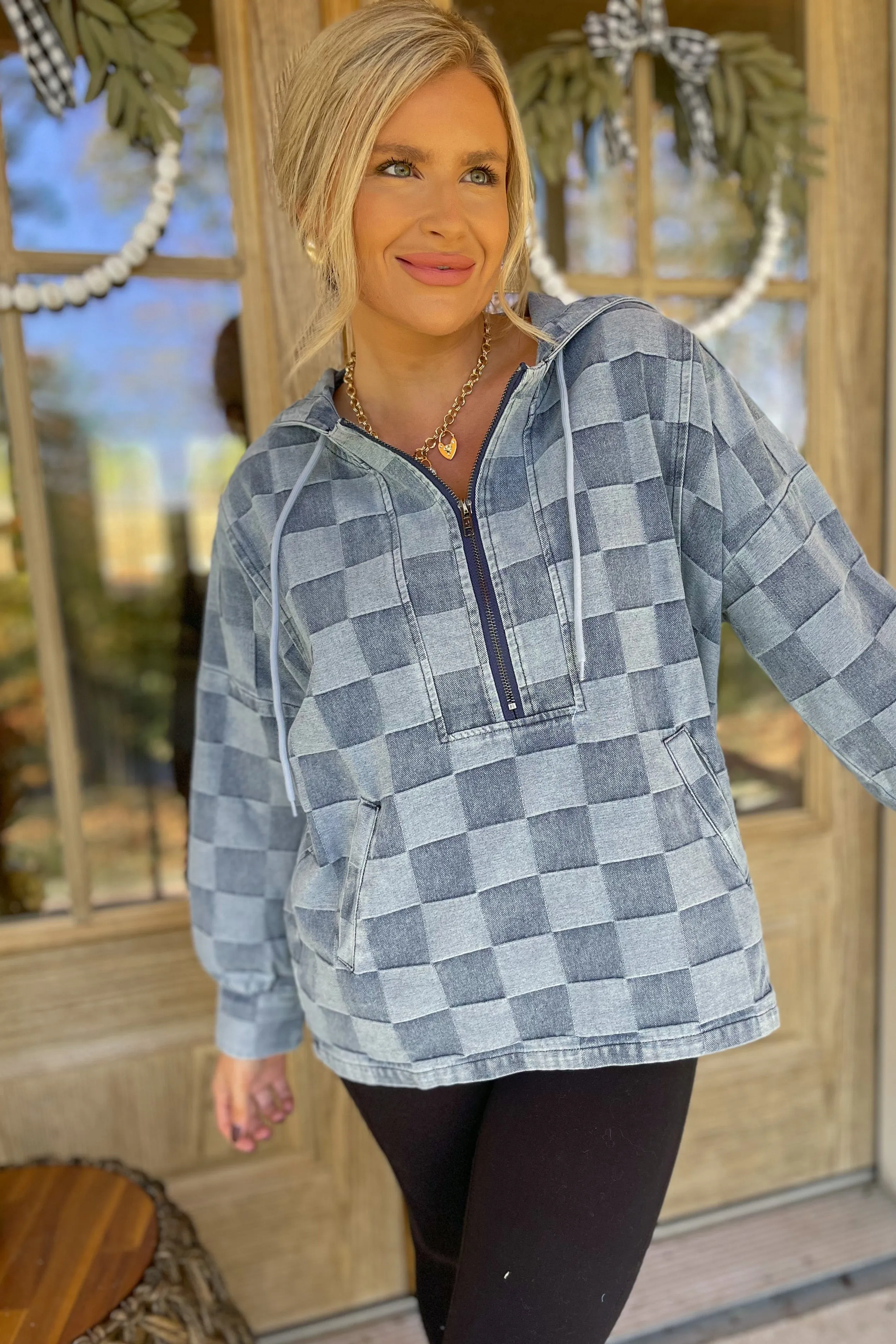 Belinda Washed Checker Denim Half Zip Hoodie Top