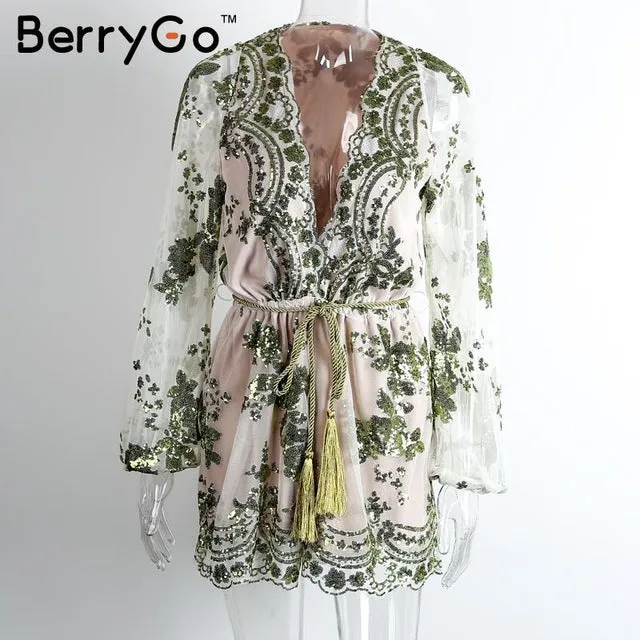 BerryGo Deep v sequin playsuit women Tassel short mesh bodysuit summer beach club elegant jumpsuit rompers embroidery leotard