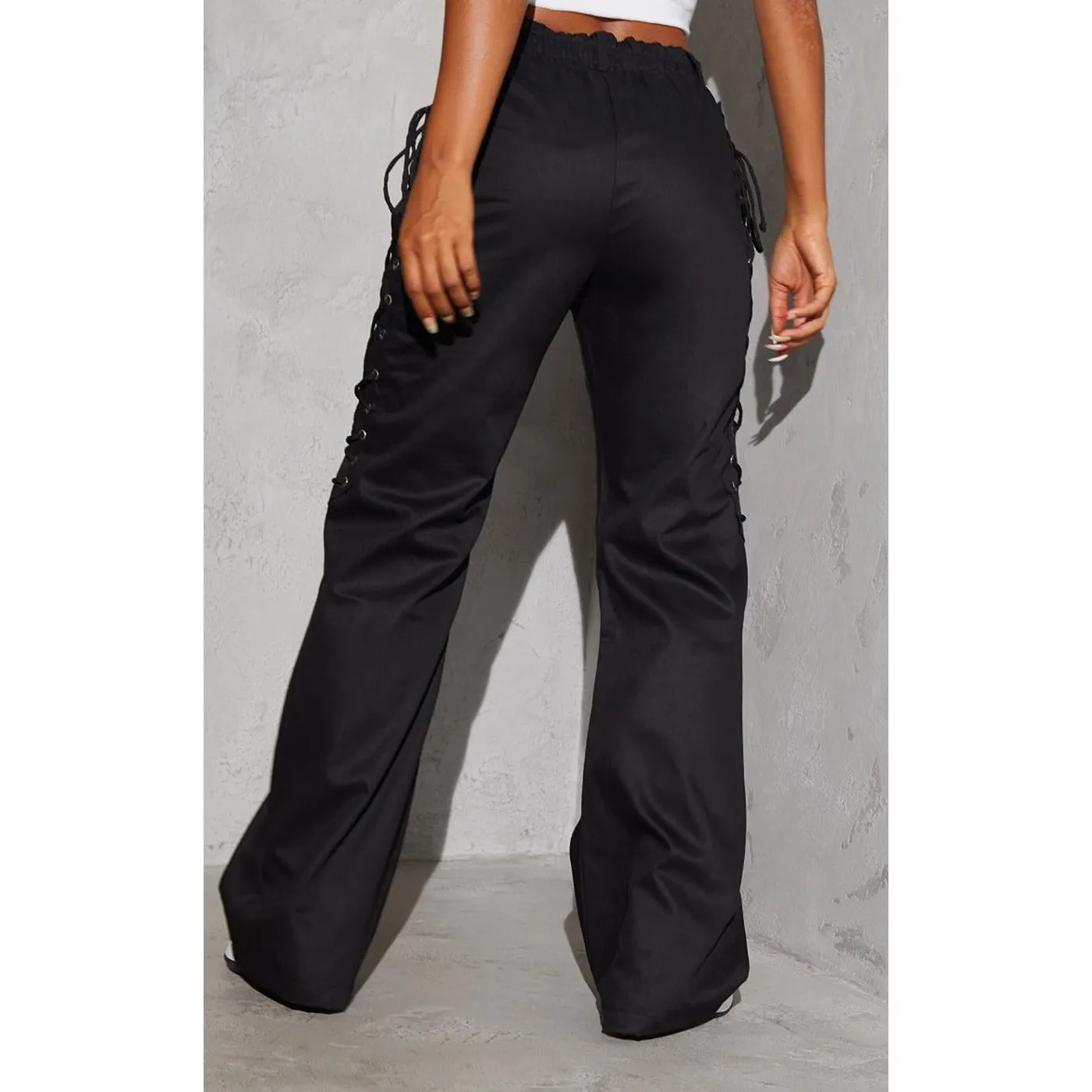 Black Lace Up Wide Leg Pants