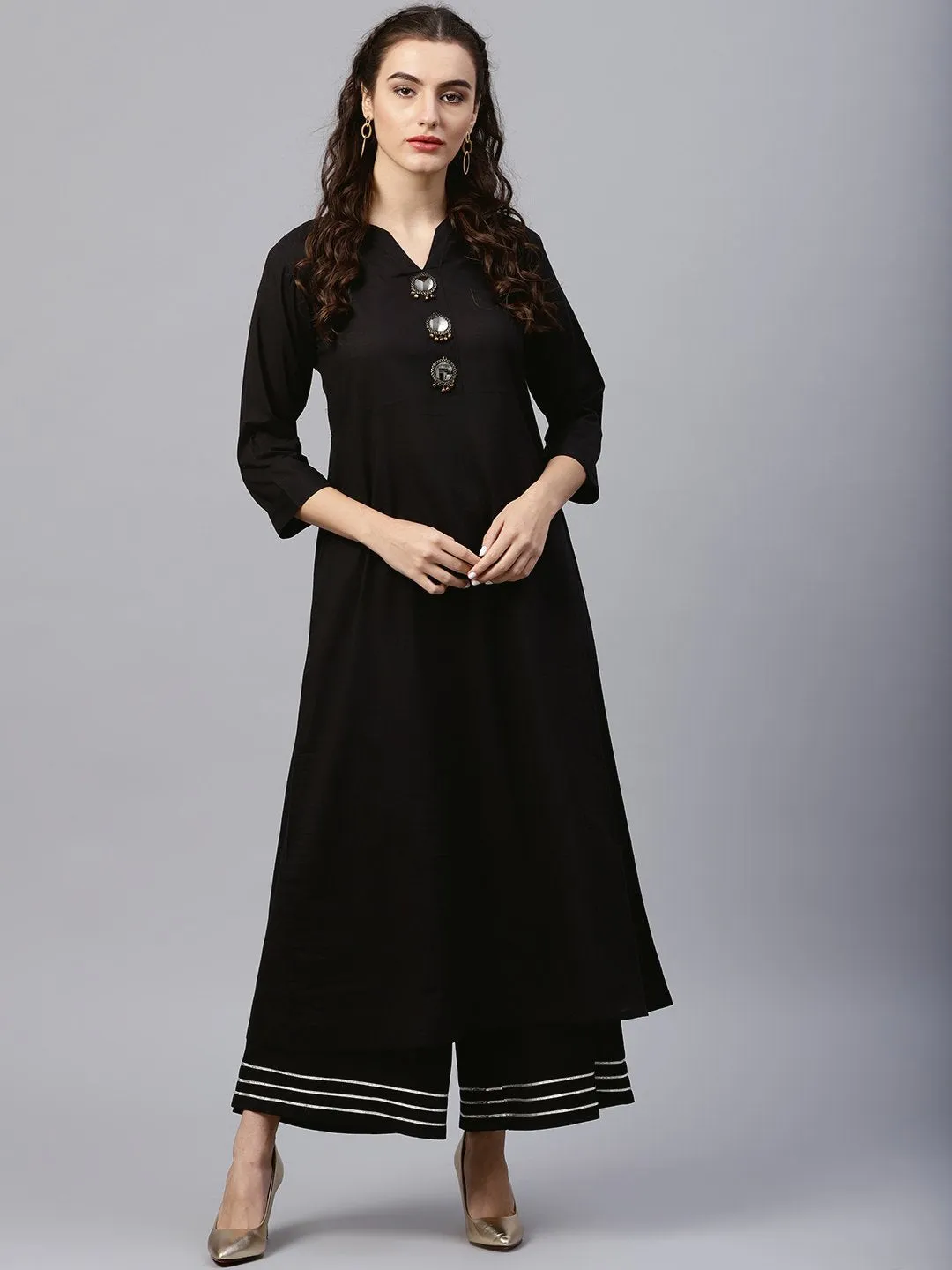 Black Round Neck Kurta With Frond Emblishment And Palazzo