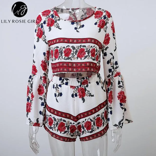 Boho Floral Print Sexy Backless Flared Sleeve Two Pieces Women Jumpsuit Romper Summer Elegant Short Ovaralls Beach Playsuit