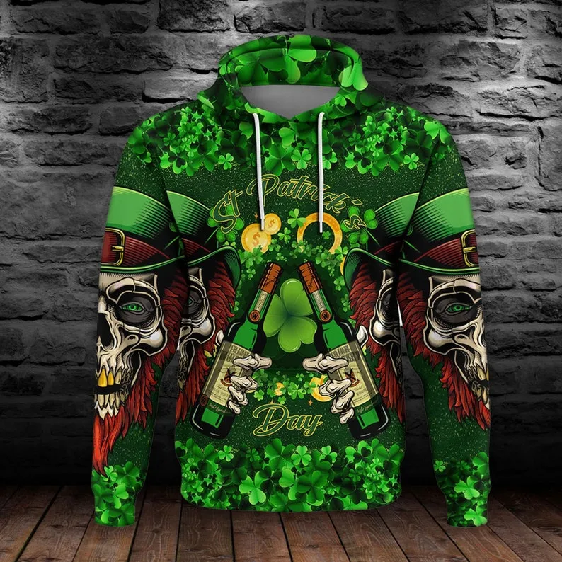 Eat Drink and Be Irish Saint Patrick's Day Skull 3D All Over Printed Hoodie Shirt For Men Women