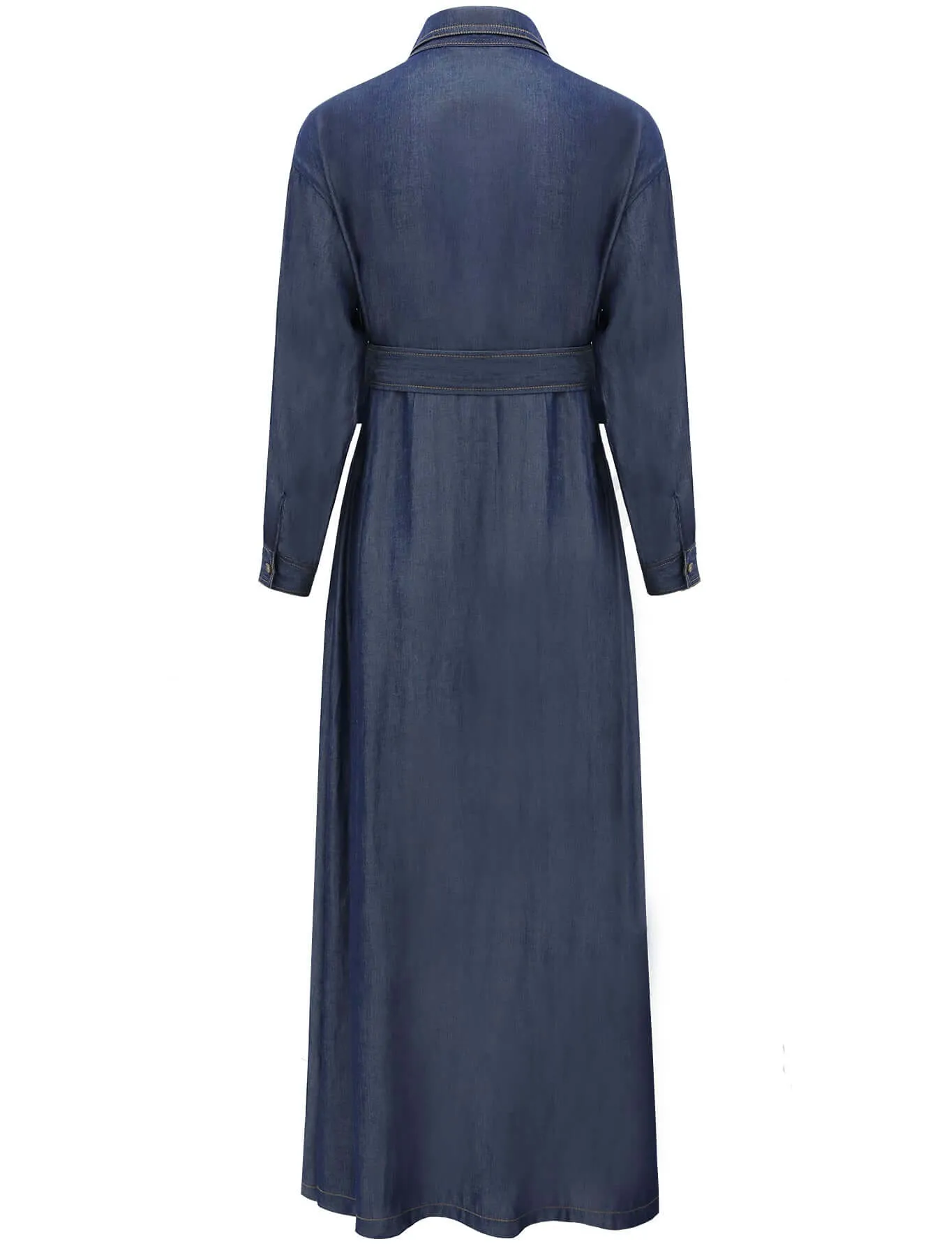 Edgy High-Waist Long-Sleeve Denim Shirt Dress in Navy