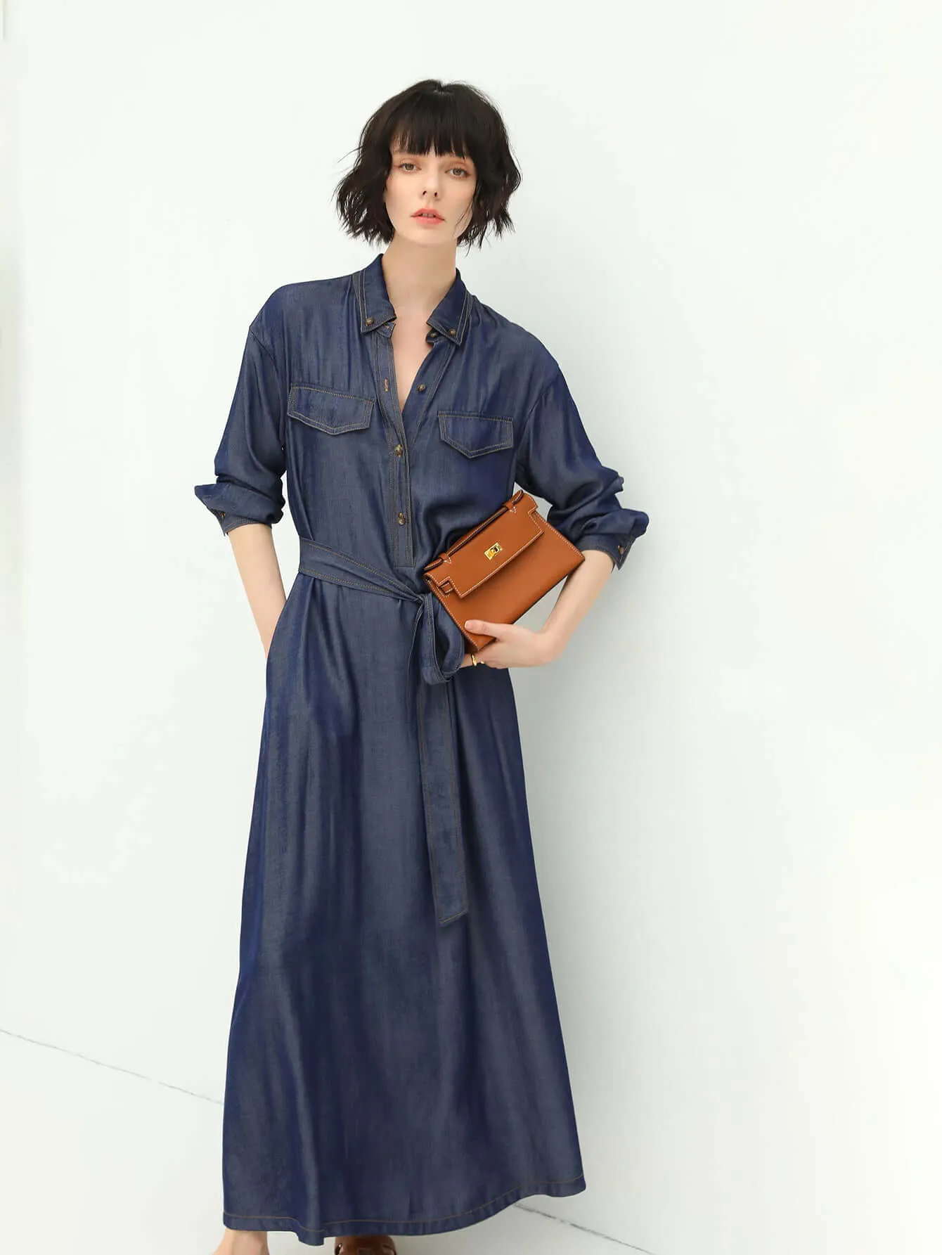 Edgy High-Waist Long-Sleeve Denim Shirt Dress in Navy