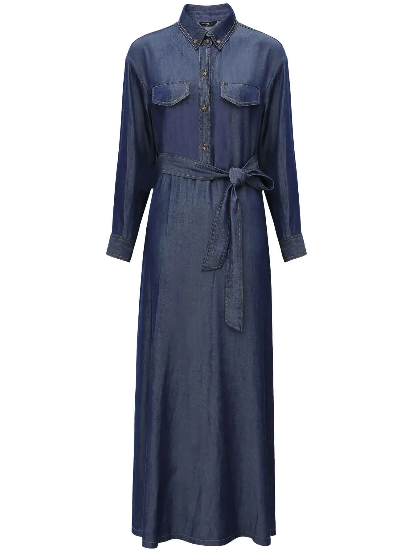 Edgy High-Waist Long-Sleeve Denim Shirt Dress in Navy