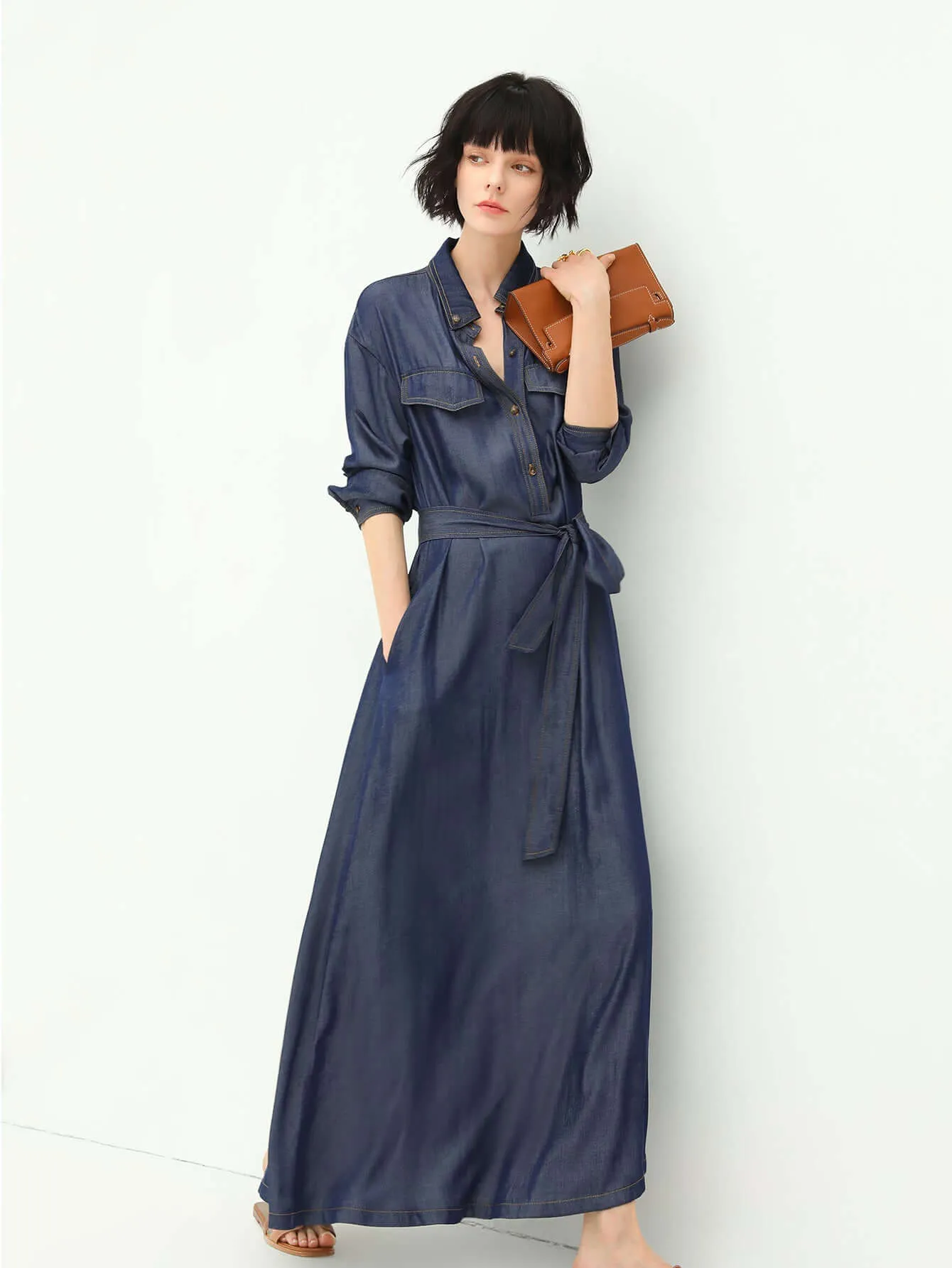 Edgy High-Waist Long-Sleeve Denim Shirt Dress in Navy