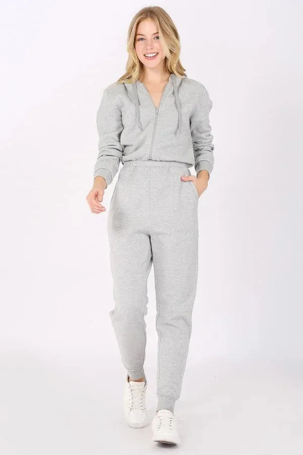 FLEECE ZIP UP HOODIE JUMPSUIT *ONE PIECE JUMPSUIT FEATURING A ZIP UP HOODIE TOP *CUFFED ANKLE BOTTOMS