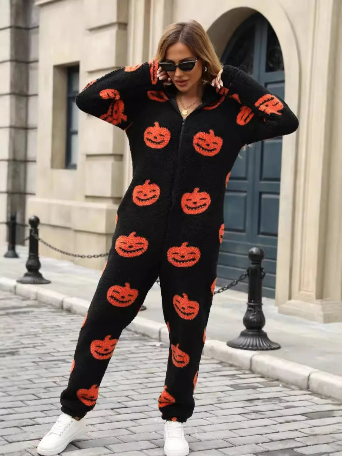 Fuzzy Pumpkin Half Zip Hooded Jumpsuit