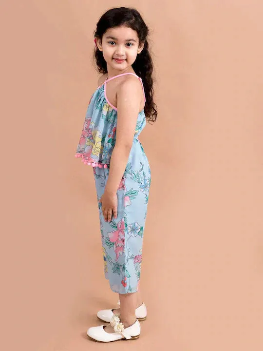 Girls Blue Pink Printed Cotton Halter Neck Umpsuit - Ps Peaches