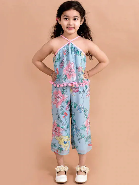 Girls Blue Pink Printed Cotton Halter Neck Umpsuit - Ps Peaches