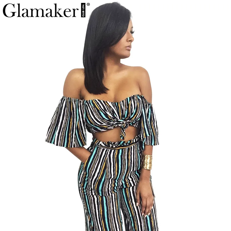 Glamaker Spring off shoulder two piece striped loose pants Sexy slim casual jumpsuit romper Cool summer elegant jumpsuit