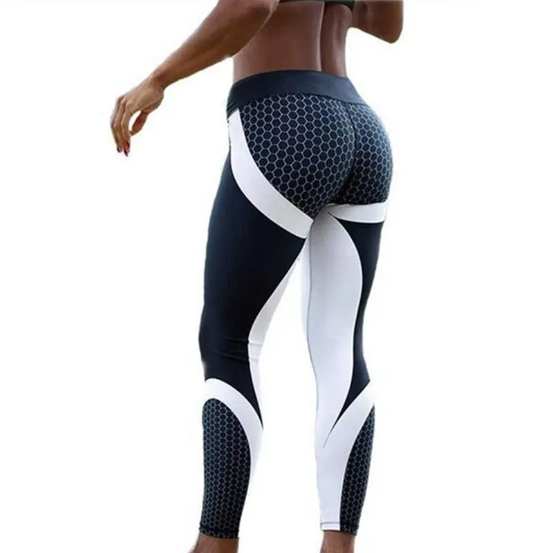 Hayoha Mesh Pattern Print Leggings fitness Leggings For Women Sporting Workout Leggins Elastic Slim Black White Pants