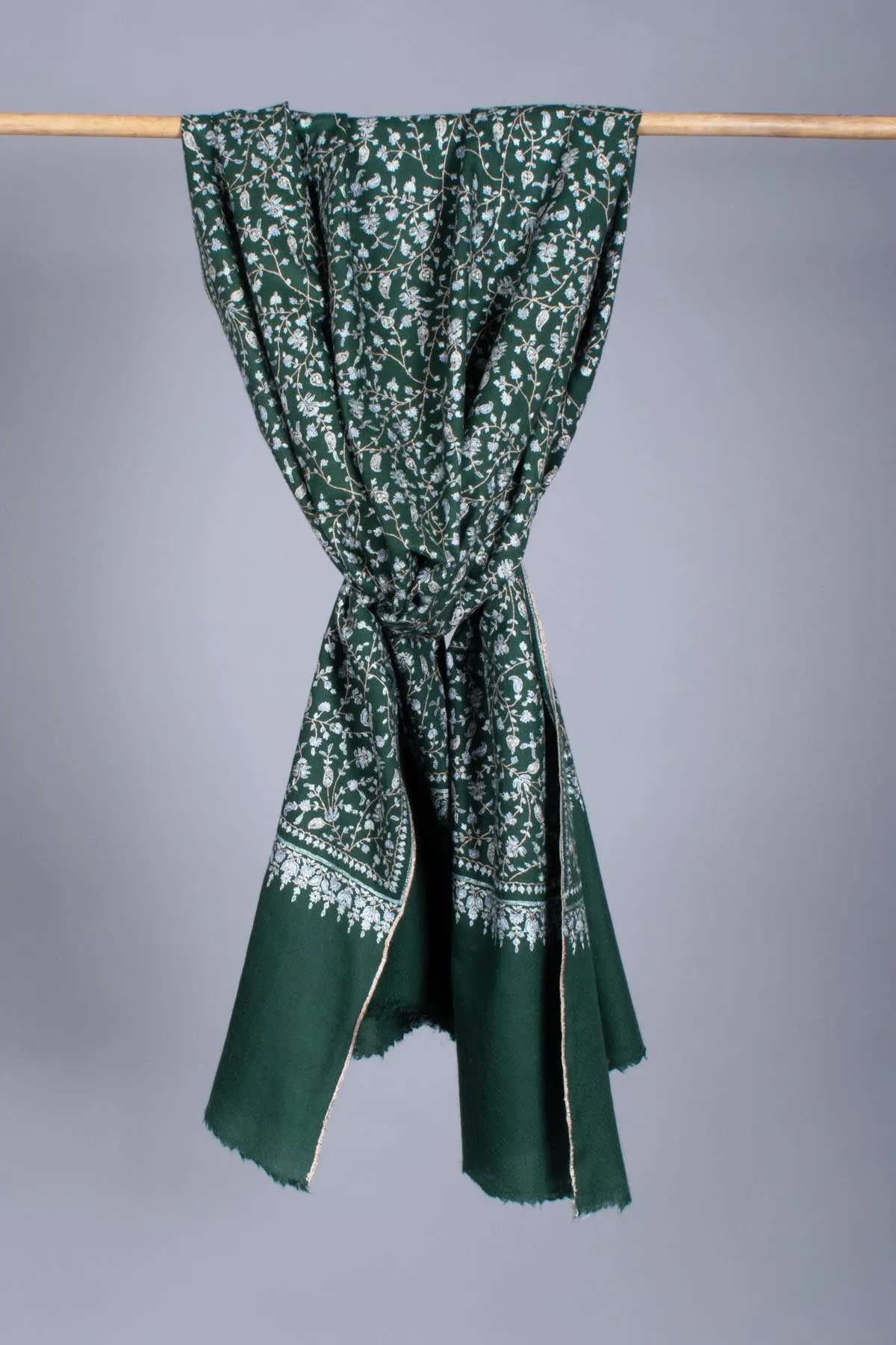 Hunter Green Sozni Jaal Embroidered Pashmina - HAMILTON