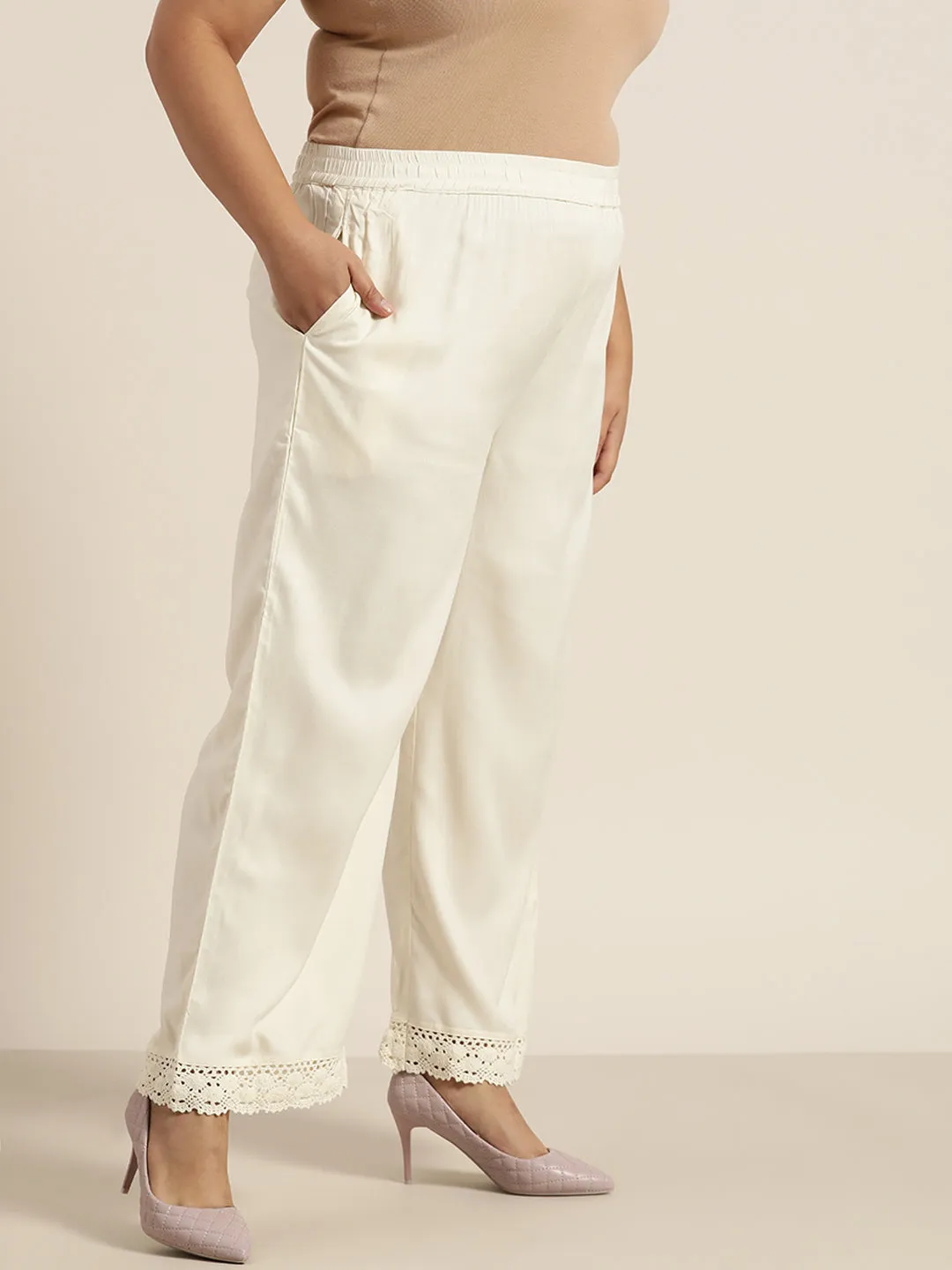 Ivory Off-White Solid Wide Leg Palazzo