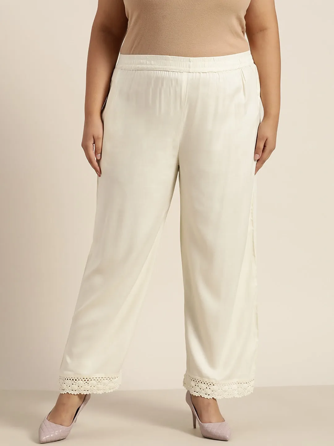 Ivory Off-White Solid Wide Leg Palazzo