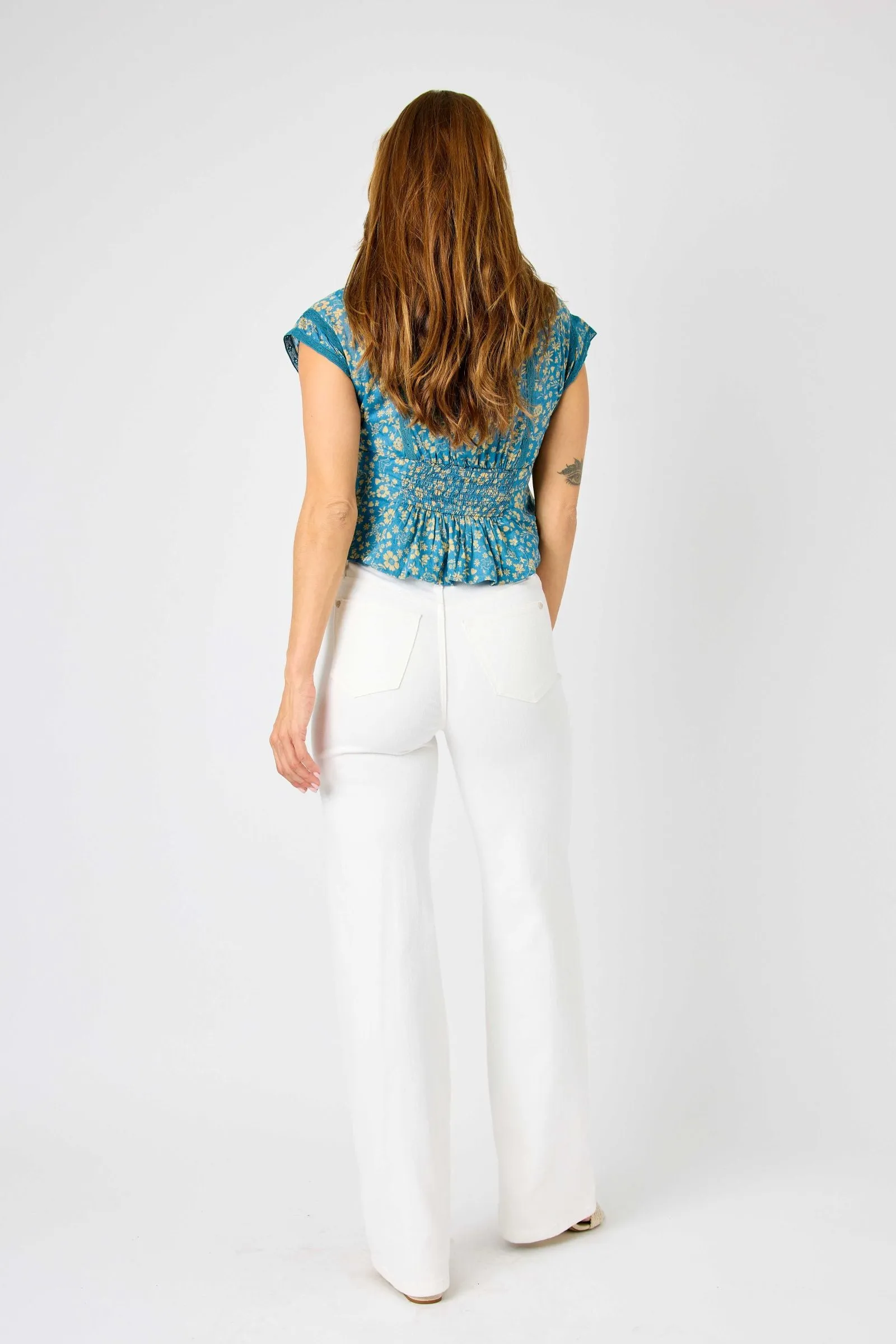 Judy Blue High Waist Braided Waistband White Wide Leg Denim 88781