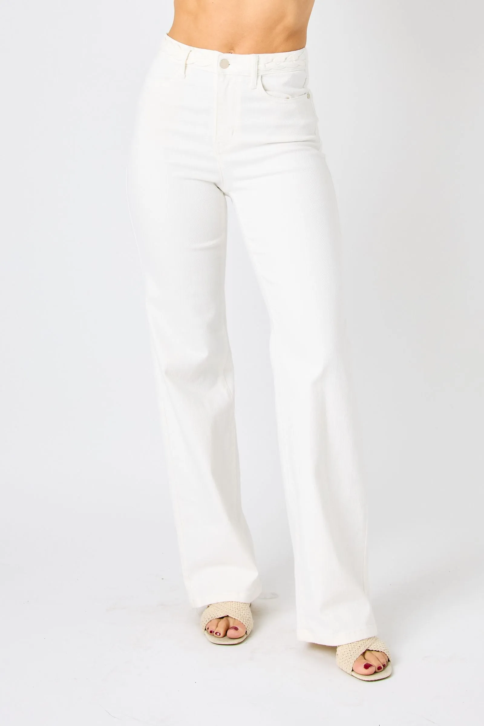 Judy Blue High Waist Braided Waistband White Wide Leg Denim 88781