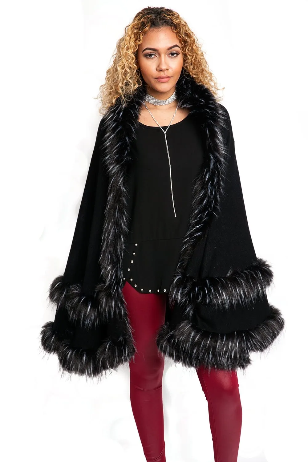 Knitted Double Layer Hooded Faux Fur Swing Cape Poncho