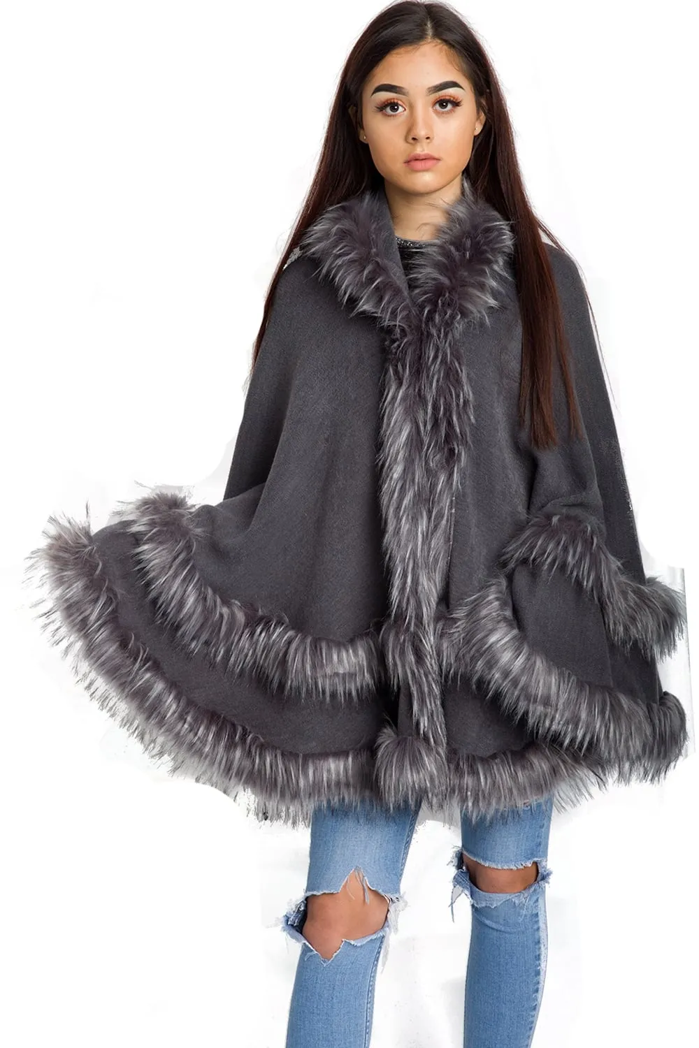 Knitted Double Layer Hooded Faux Fur Swing Cape Poncho