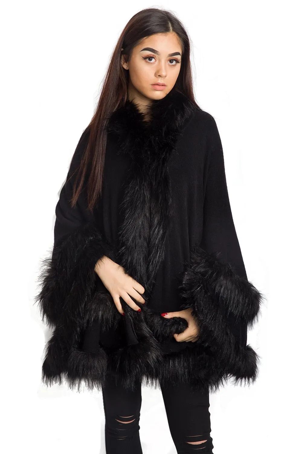 Knitted Double Layer Hooded Faux Fur Swing Cape Poncho