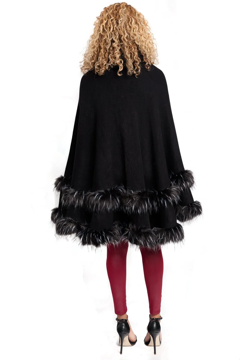 Knitted Double Layer Hooded Faux Fur Swing Cape Poncho