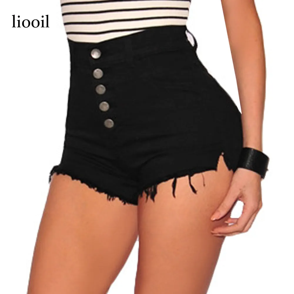 Liooil Black White Red Denim Shorts 2017 Cotton High Waisted Fashion Button Pockets Skinny Women Shorts Summer Sexy Jean Shorts