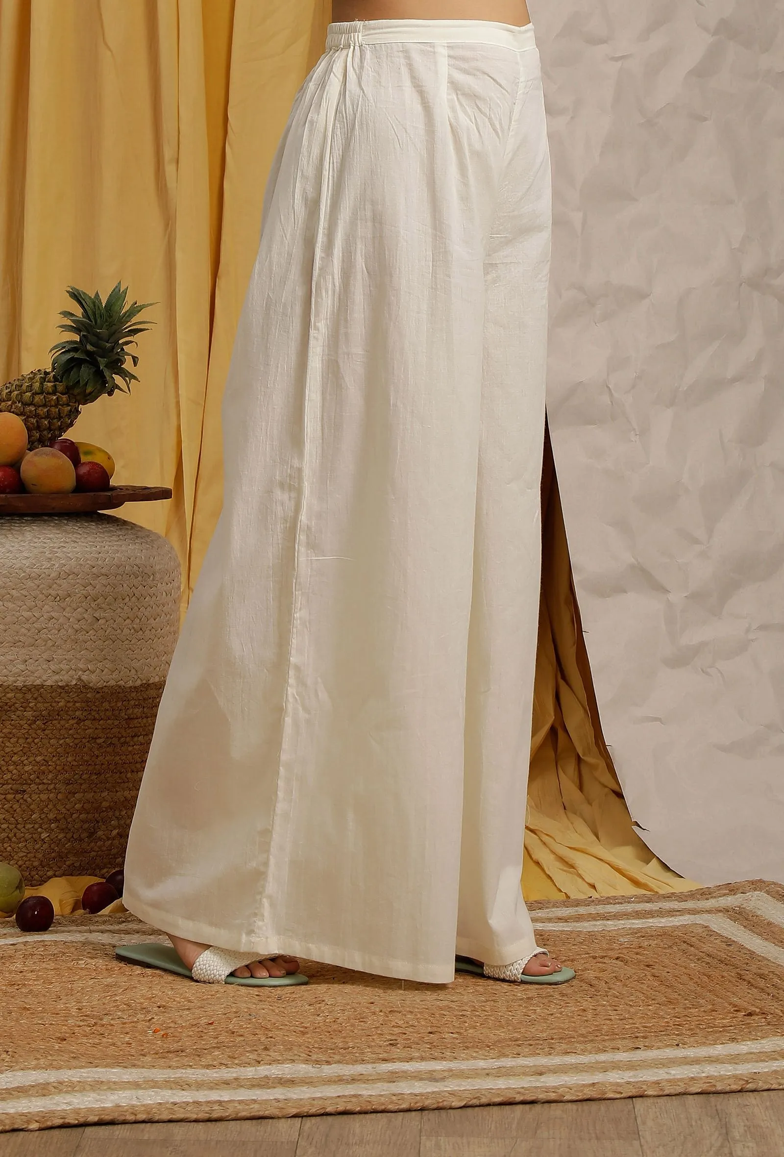 Off White Cotton Schiffli Flared Palazzo Pants