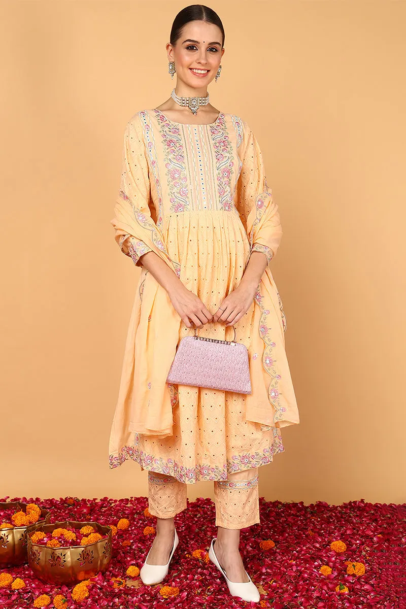 Orange Pure Cotton Solid Embroidered Flared Suit Set