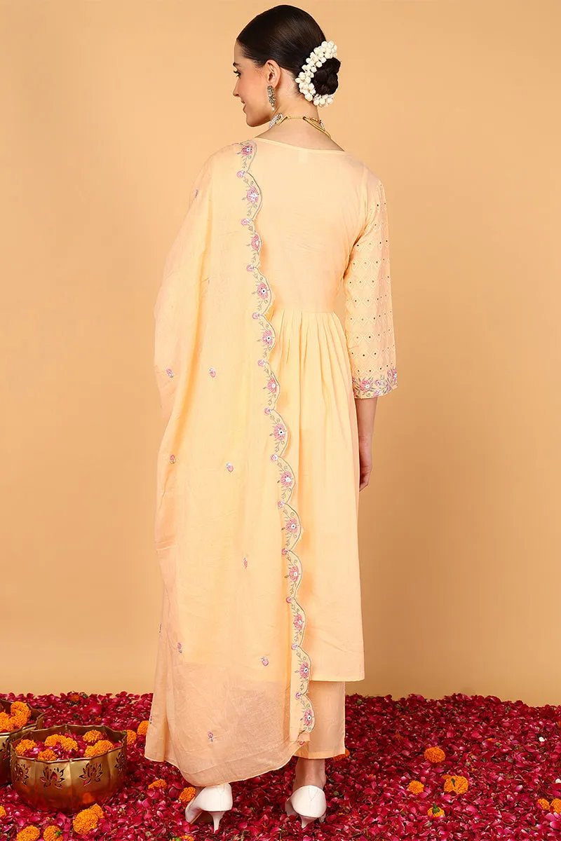 Orange Pure Cotton Solid Embroidered Flared Suit Set