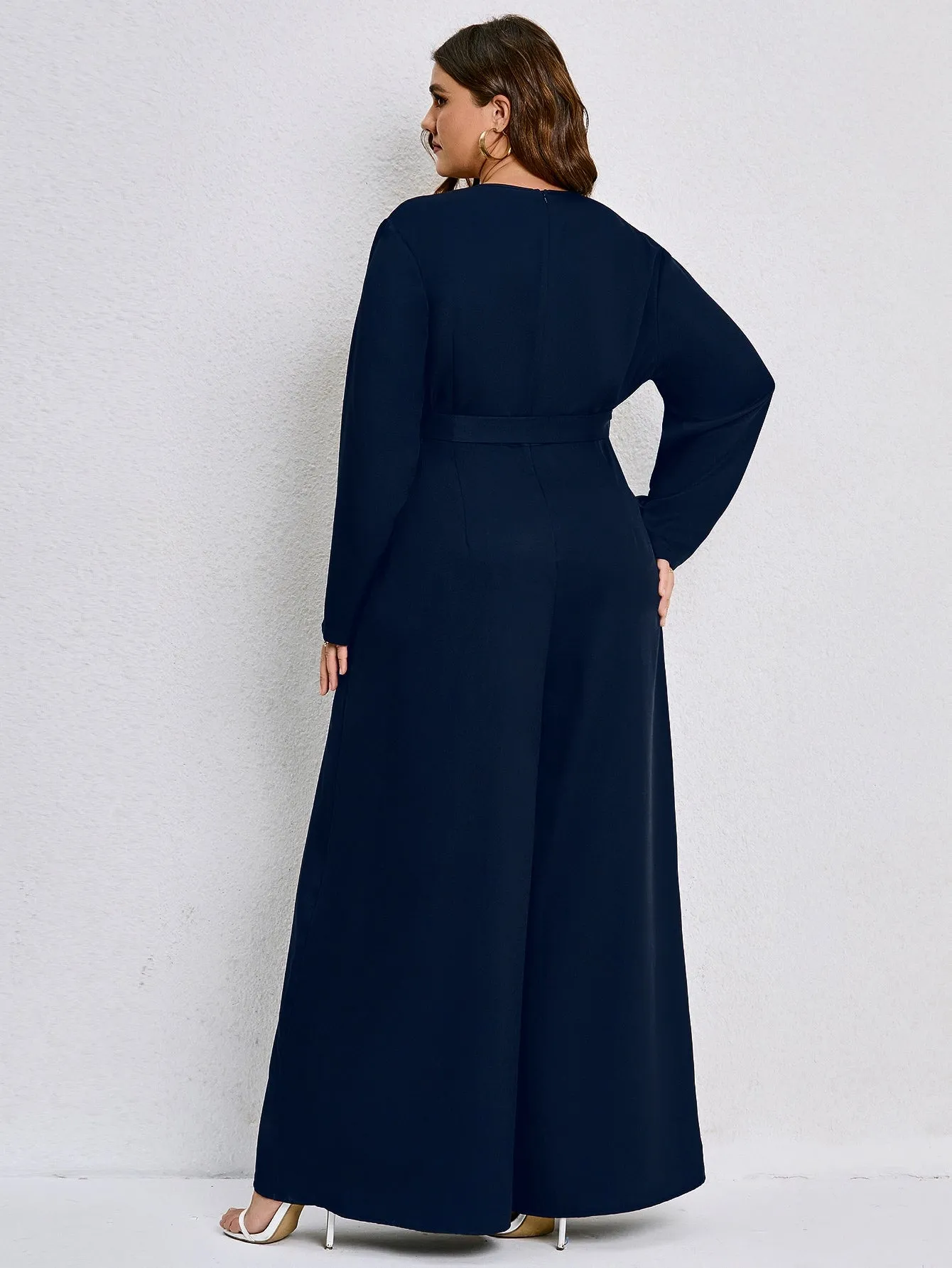 Plus Lapel Collar Belted Wide Leg Jumpsuit