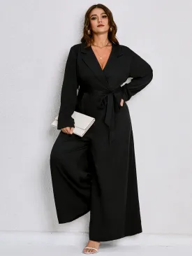 Plus Lapel Collar Belted Wide Leg Jumpsuit