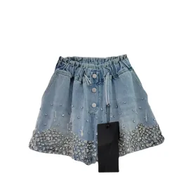 Pre Order:  Tassel Bead Inlaid Diamond Wide Leg Denim Shorts