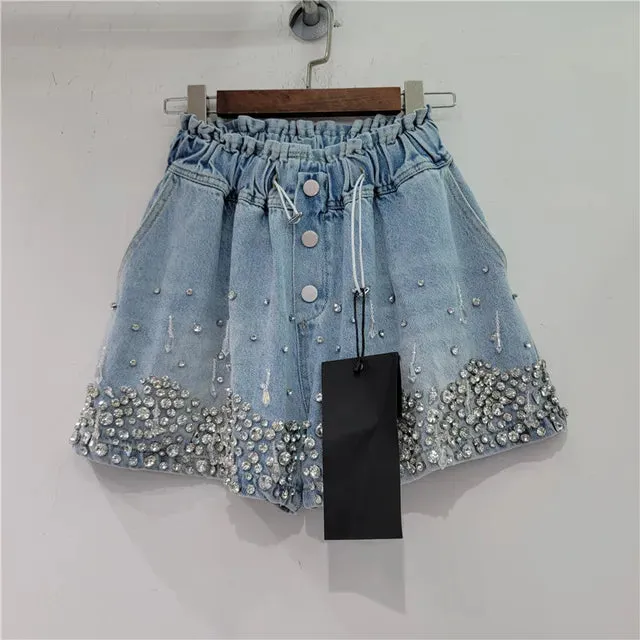 Pre Order:  Tassel Bead Inlaid Diamond Wide Leg Denim Shorts