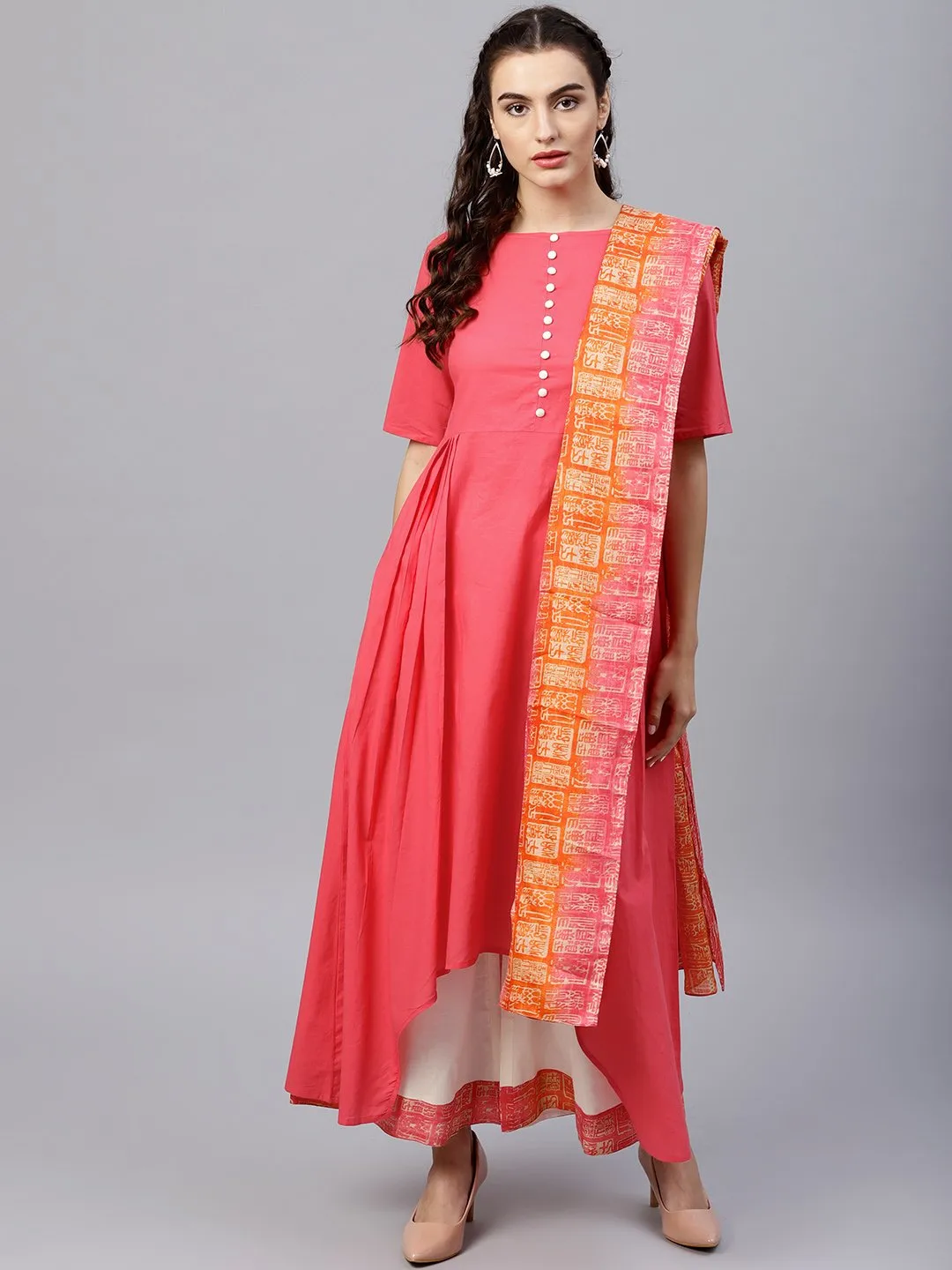 Round Neck Pink Kurta With Palazzo And Multi Colored Dupatta