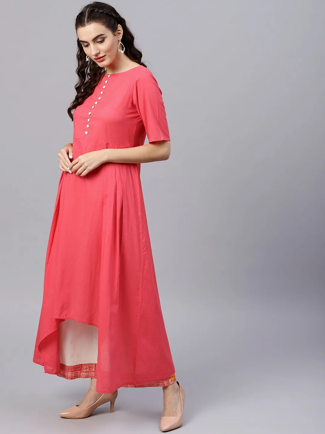 Round Neck Pink Kurta With Palazzo And Multi Colored Dupatta