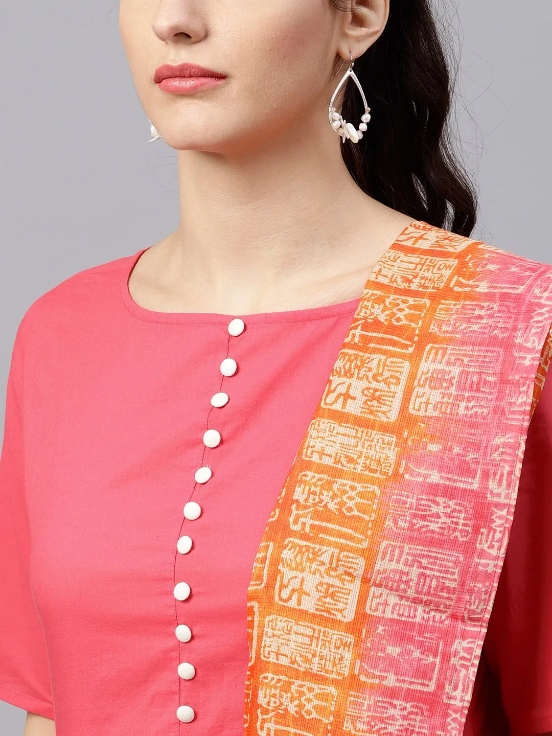 Round Neck Pink Kurta With Palazzo And Multi Colored Dupatta