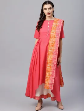 Round Neck Pink Kurta With Palazzo And Multi Colored Dupatta