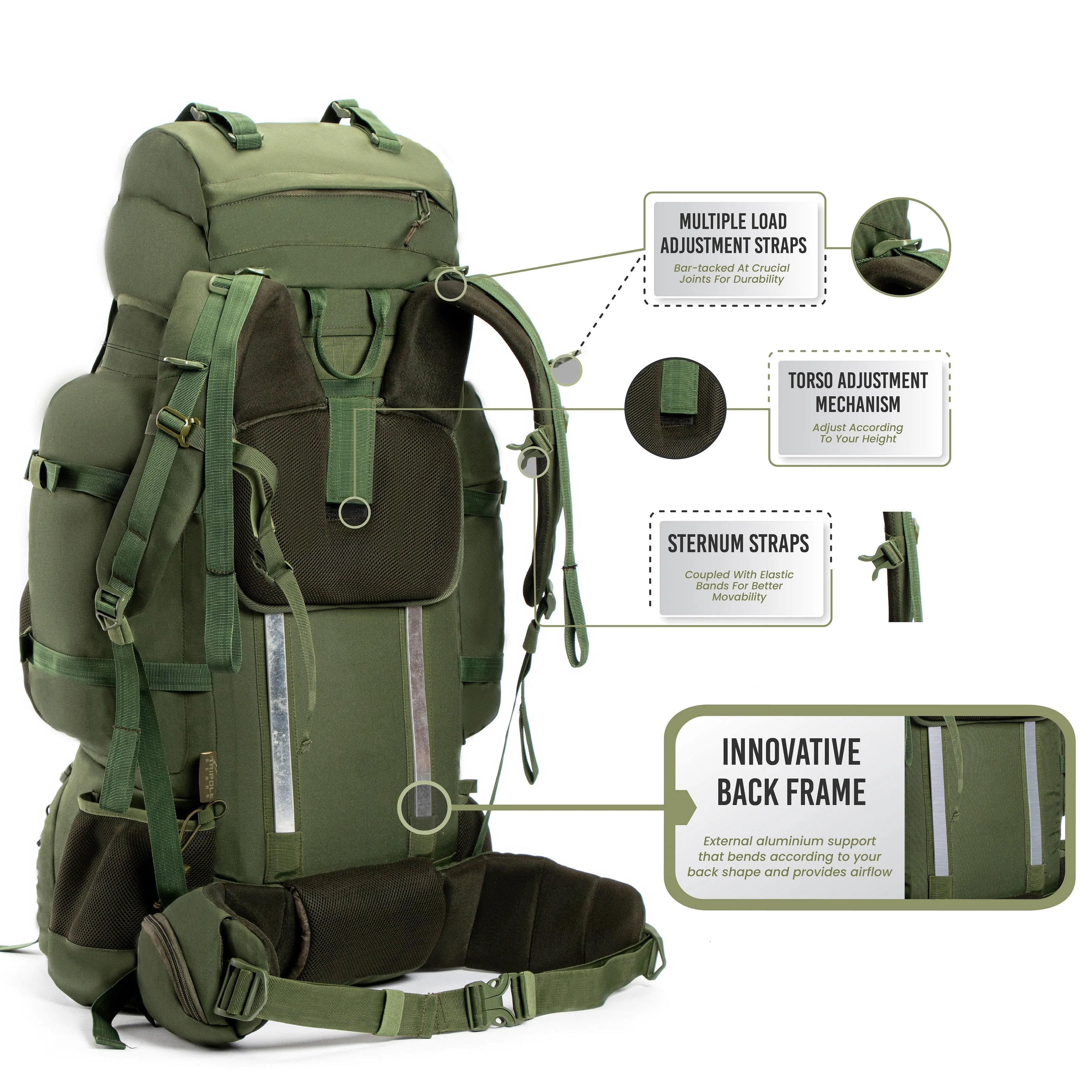 Tripole Colonel Pro Metal Frame Rucksack with Detachable Day Pack and Rain Cover for Trekking and Travelling | 5 Year Warranty (105 Ltr, Green)