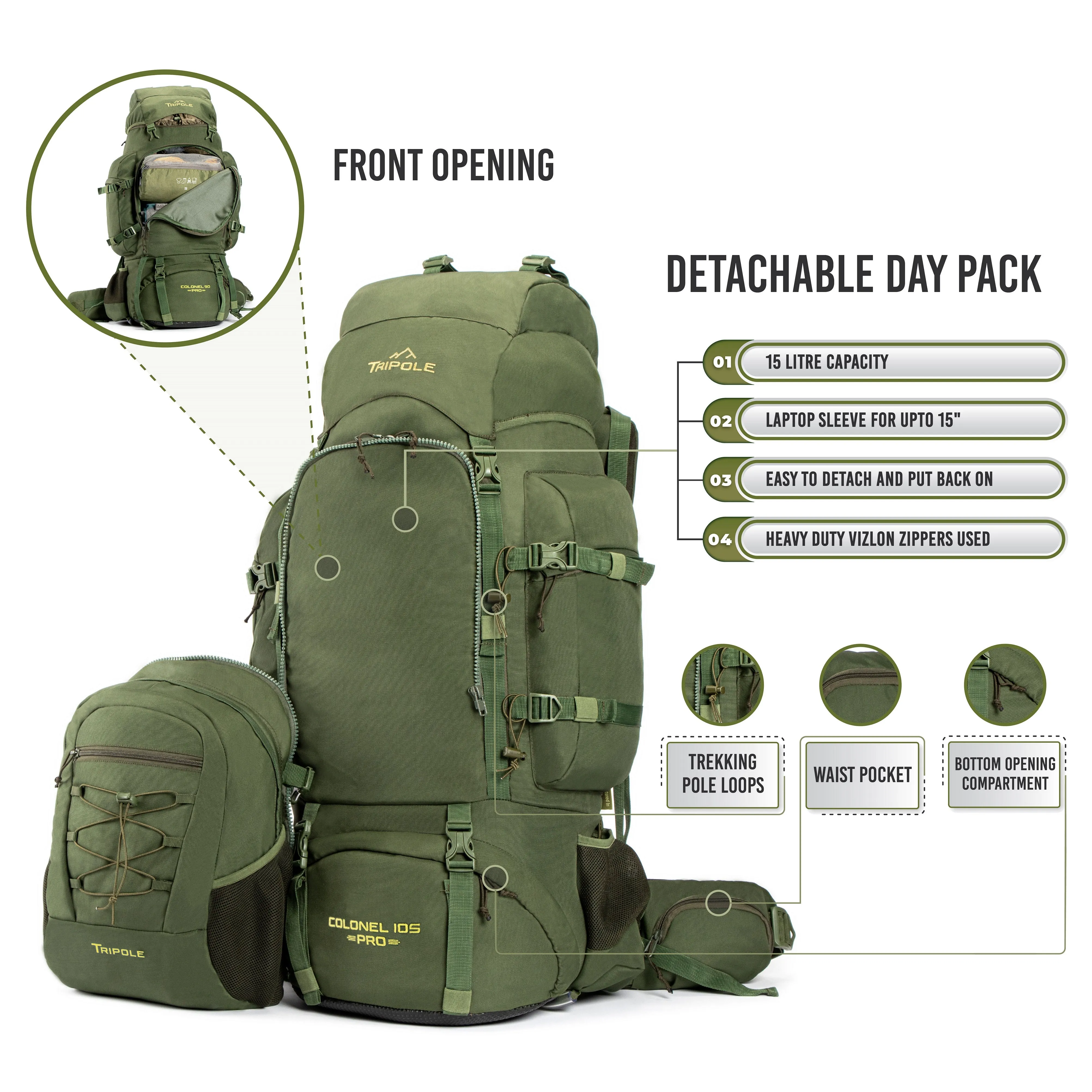 Tripole Colonel Pro Metal Frame Rucksack with Detachable Day Pack and Rain Cover for Trekking and Travelling | 5 Year Warranty (105 Ltr, Green)