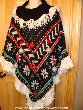 Ugly Christmas Sweater Party Holy Grail of Ugly Sweater Poncho with 3D Ornaments and Fringe. Great Sweater Alternative for Mens XL, XXL or Mens XXXL  (z15)