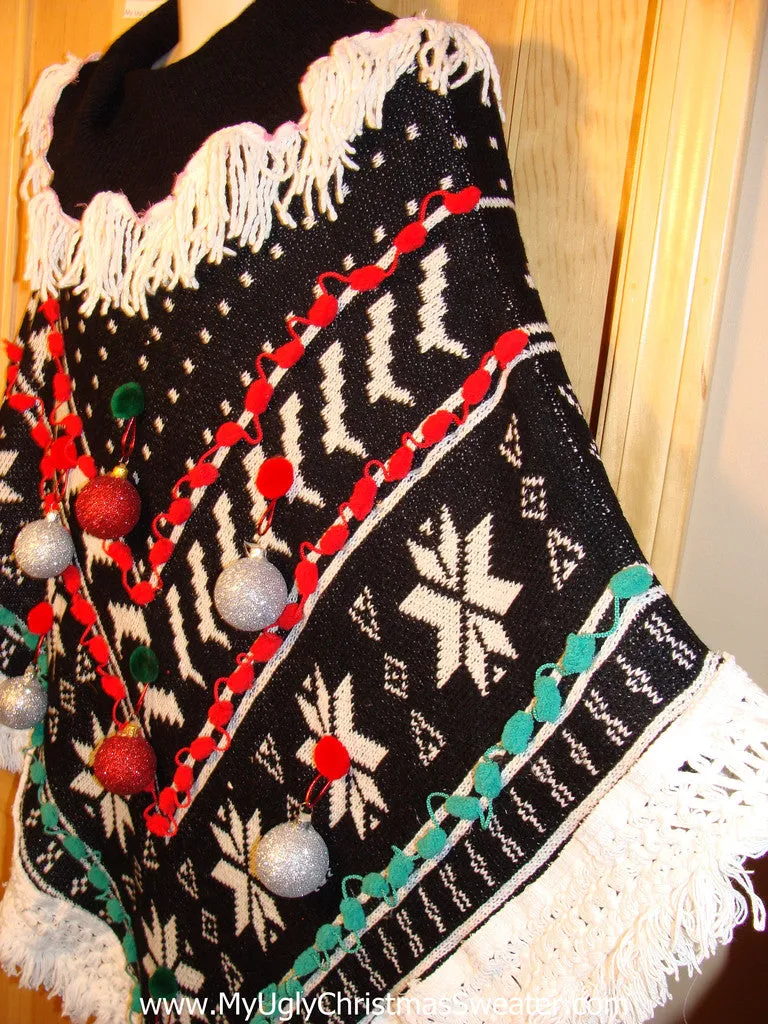 Ugly Christmas Sweater Party Holy Grail of Ugly Sweater Poncho with 3D Ornaments and Fringe. Great Sweater Alternative for Mens XL, XXL or Mens XXXL  (z15)