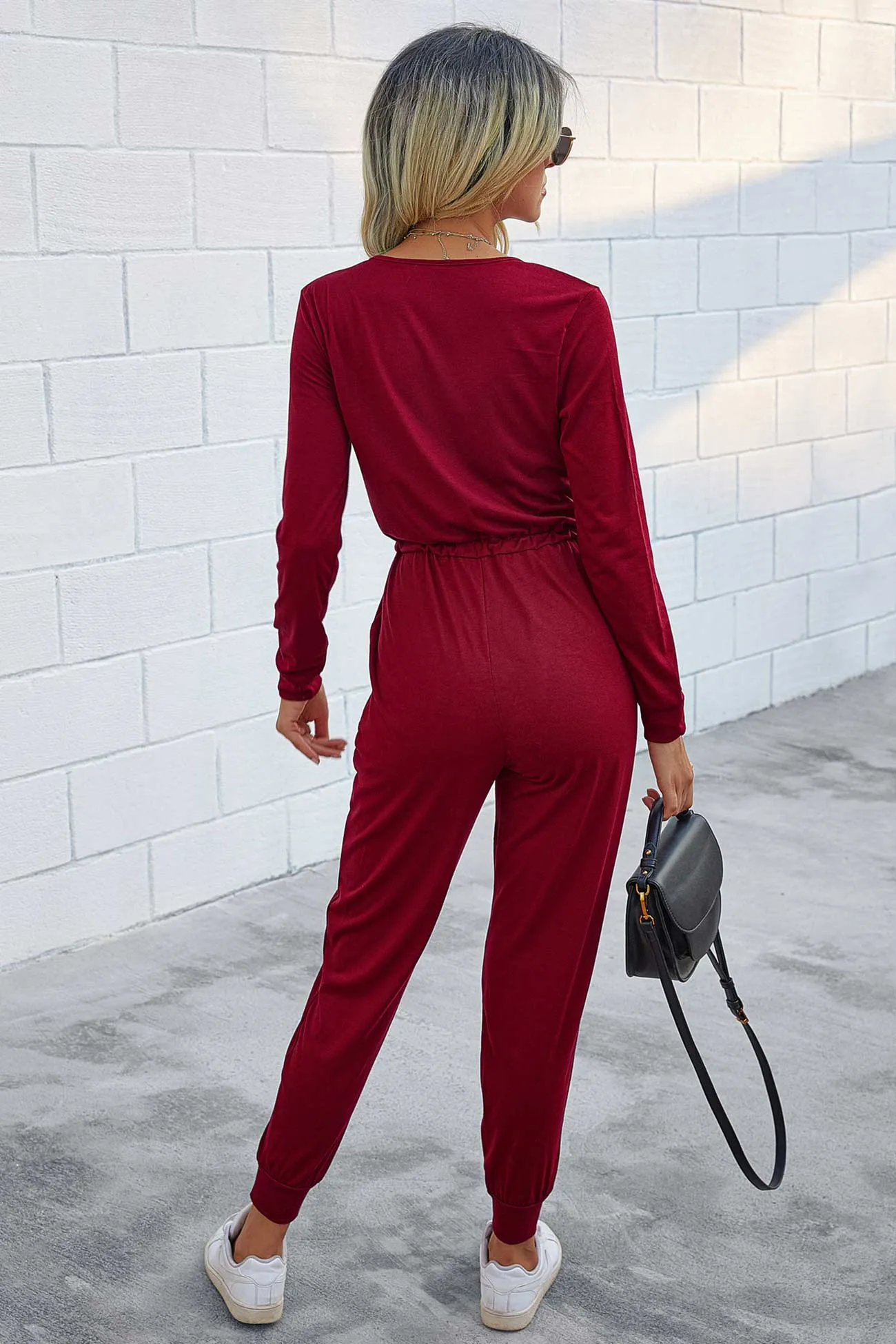 V Neck Solid Color Tie-Waist Jumpsuits