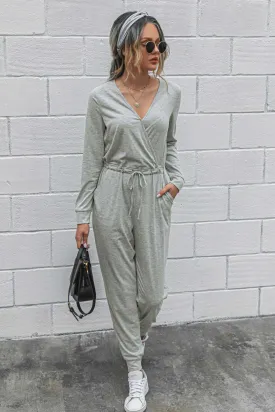 V Neck Solid Color Tie-Waist Jumpsuits