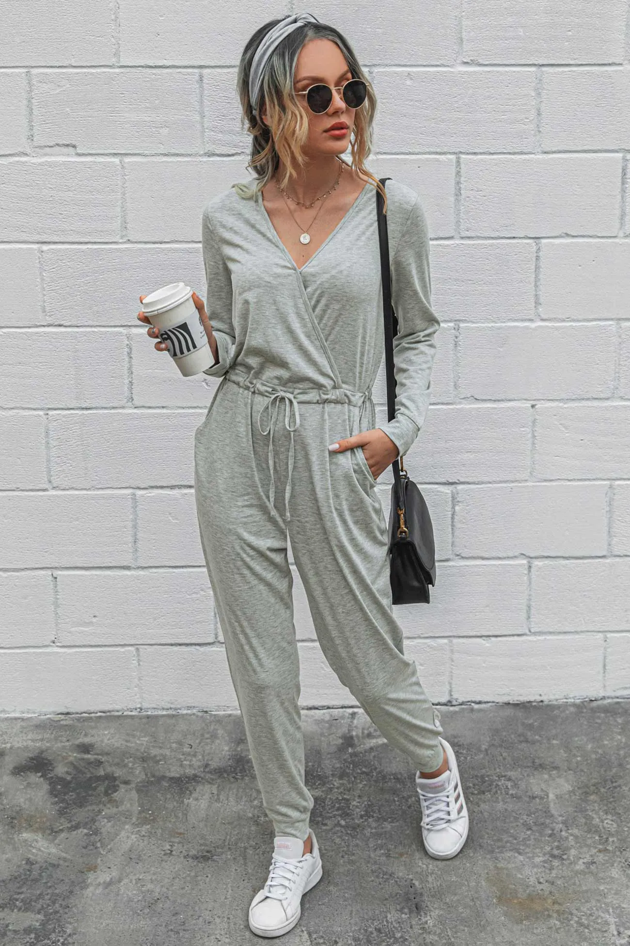 V Neck Solid Color Tie-Waist Jumpsuits