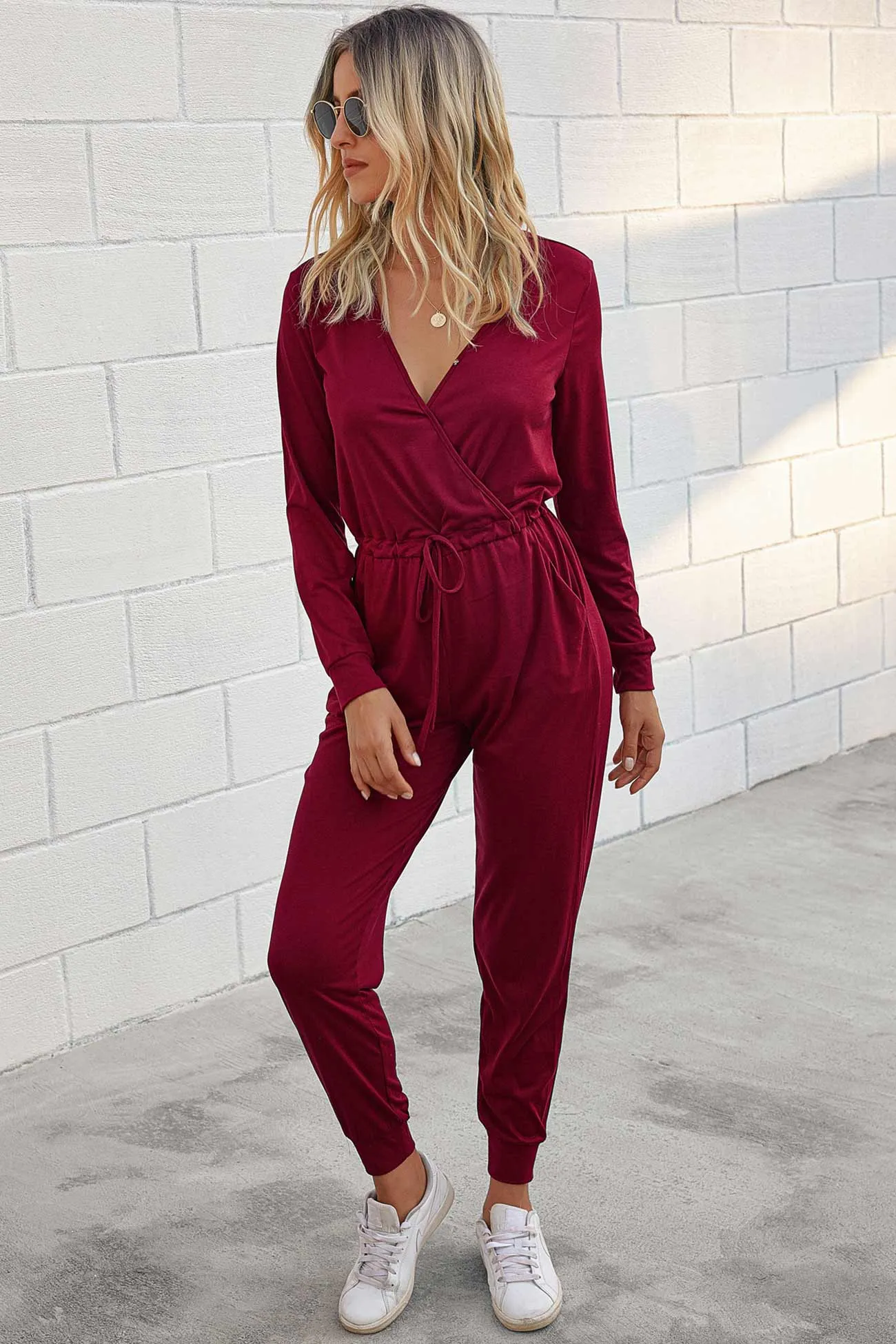 V Neck Solid Color Tie-Waist Jumpsuits