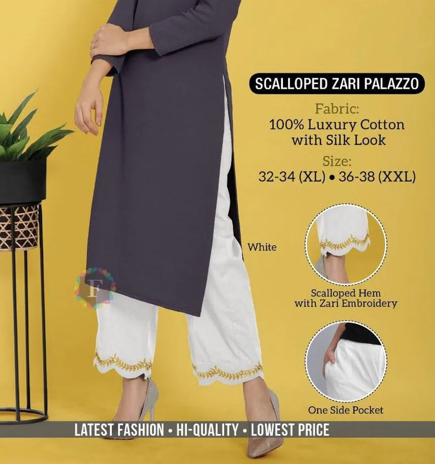 White Cotton Palazzo Pants with Zari Embroidery